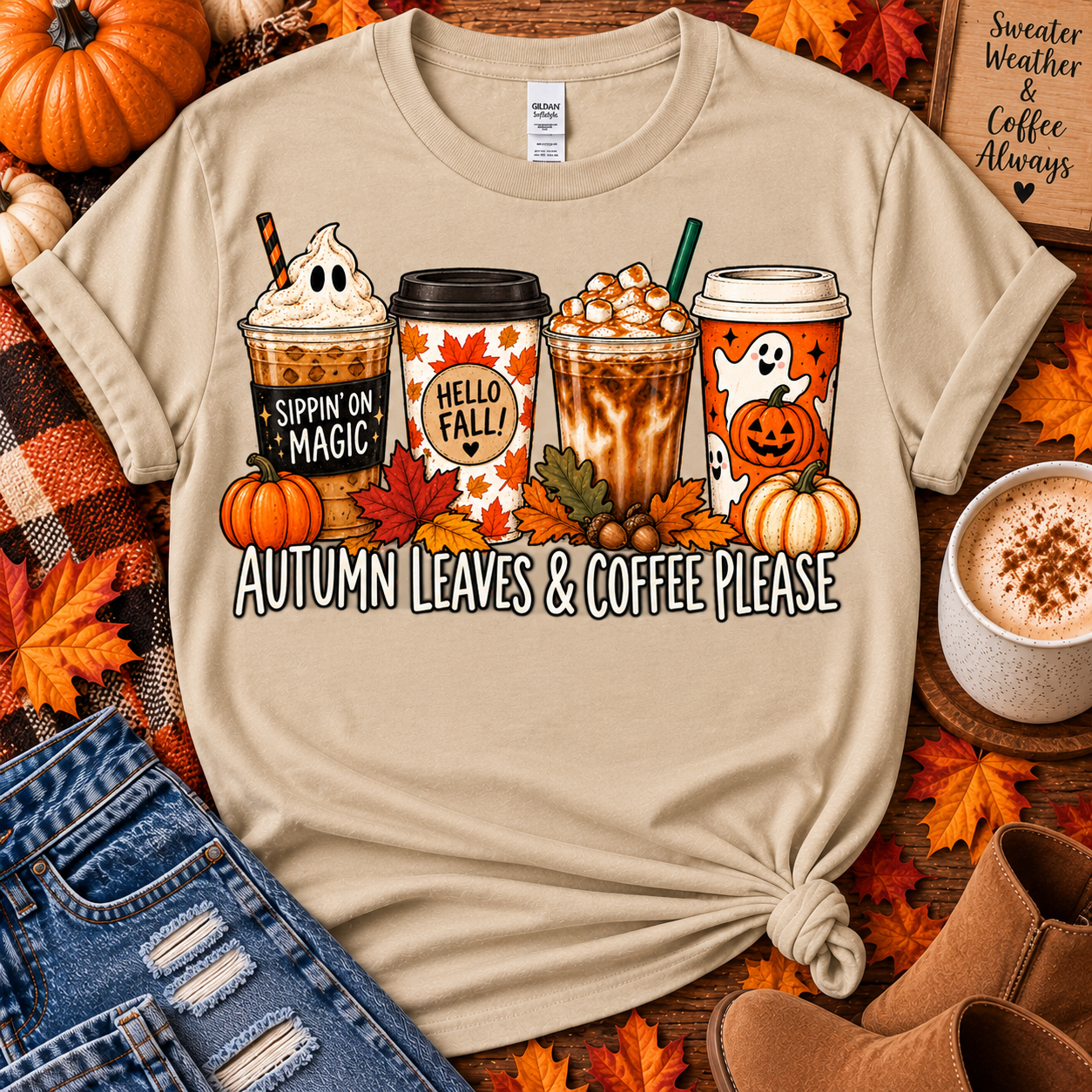 Autumn Leaves & Coffee Please T-Shirt – Cute Fall Coffee Graphic Tee