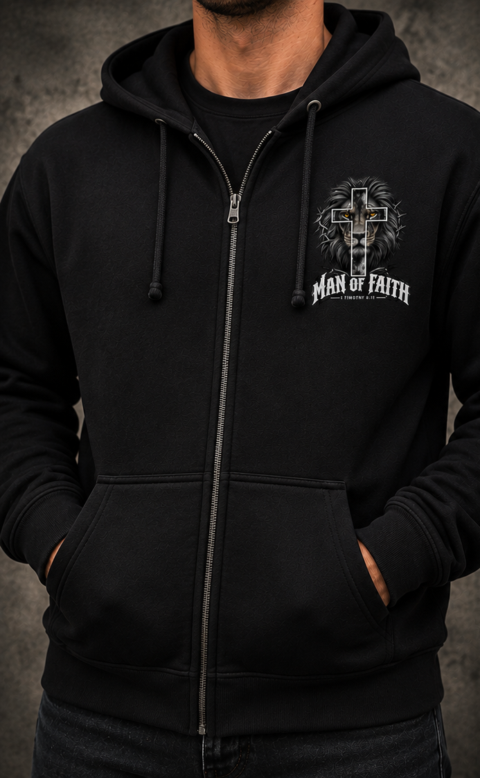 Man of Faith Christian Men’s Zip-Up Hoodie – Lion Cross 1 Timothy 6:11