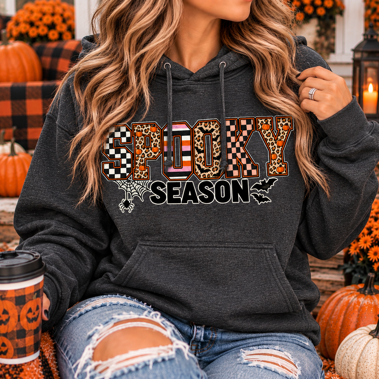 Spooky Season Halloween Pullover Hoodie | Leopard & Checkered Graphic Sweatshirt