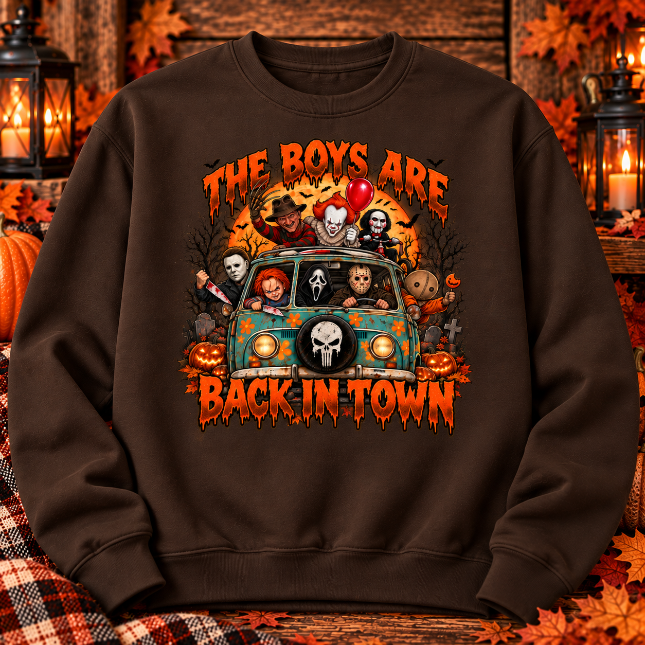 The Boys Are Back in Town Halloween Crewneck Sweatshirt | Horror Inspired Graphic Sweatshirt
