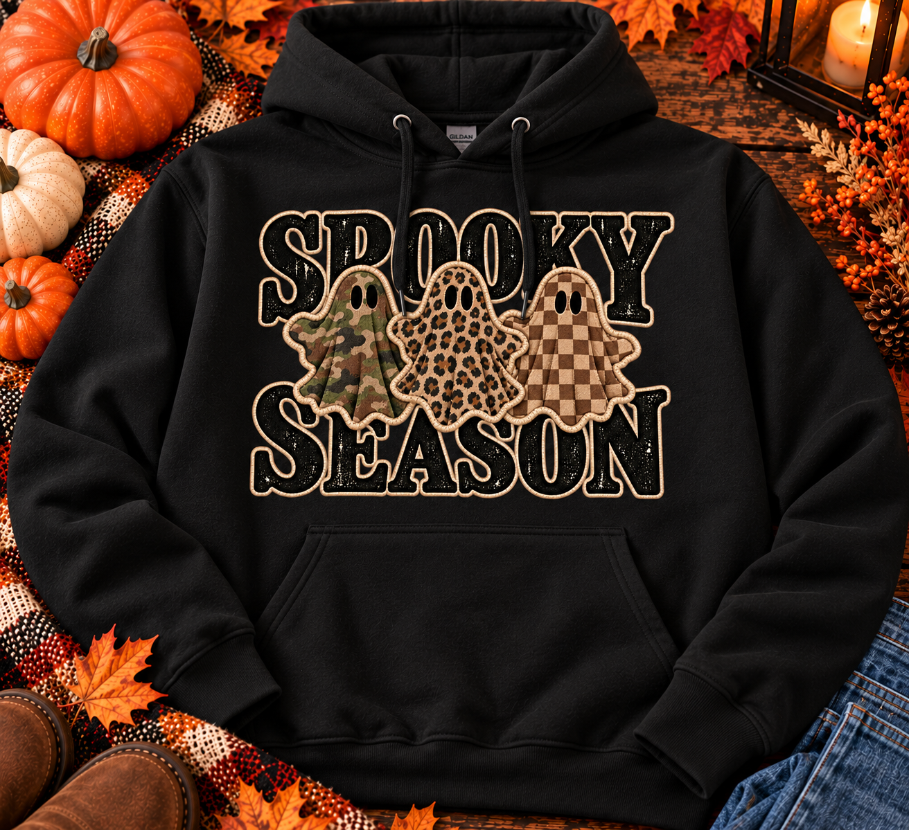 Spooky Season Ghost Pullover Hoodie – Camo Leopard Plaid Halloween Hoodie