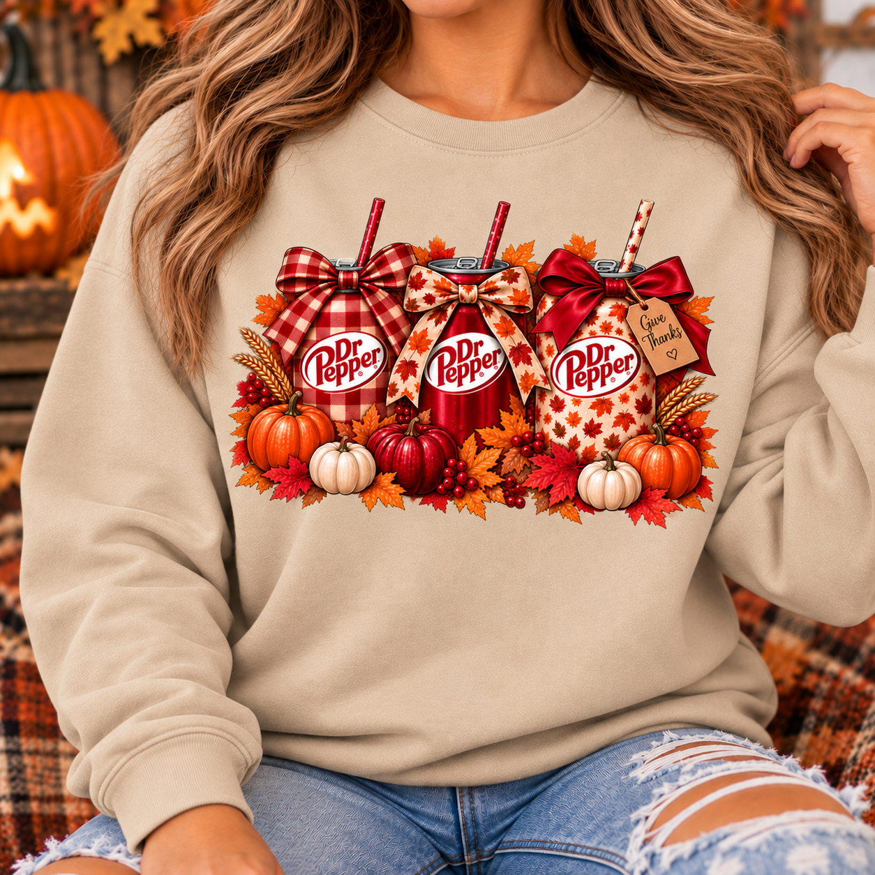 Give Thanks Fall Soda Crewneck Sweatshirt | Cute Autumn Pumpkin Graphic Sweatshirt
