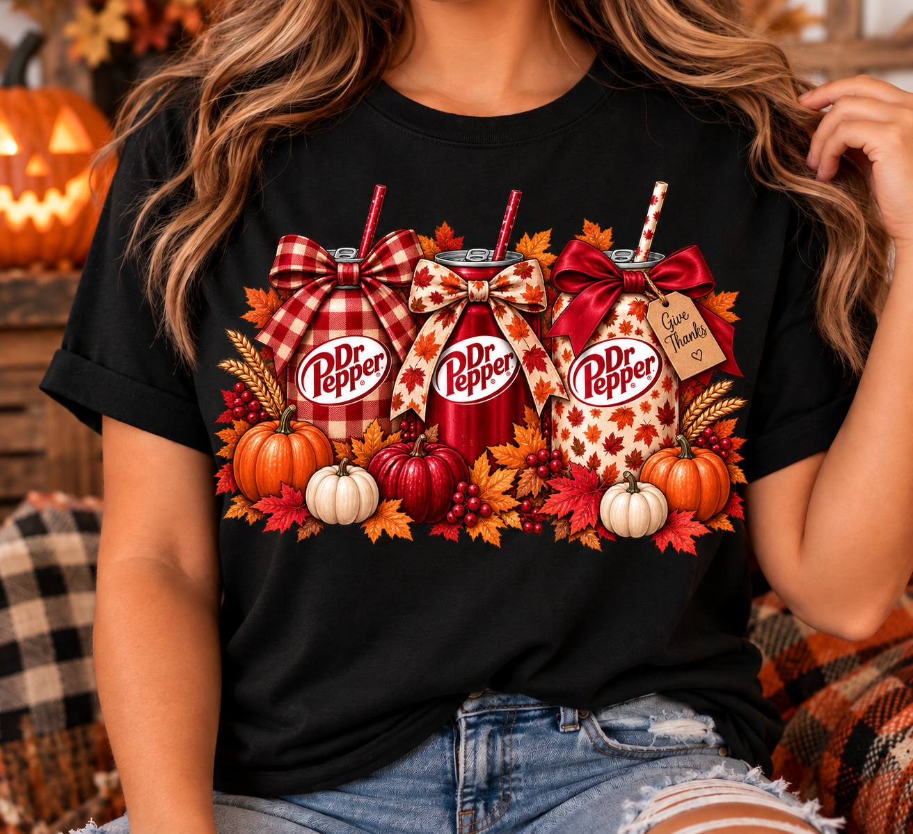 Give Thanks Fall Soda T-Shirt | Cute Autumn Graphic Tee | Pumpkin & Bow Shirt