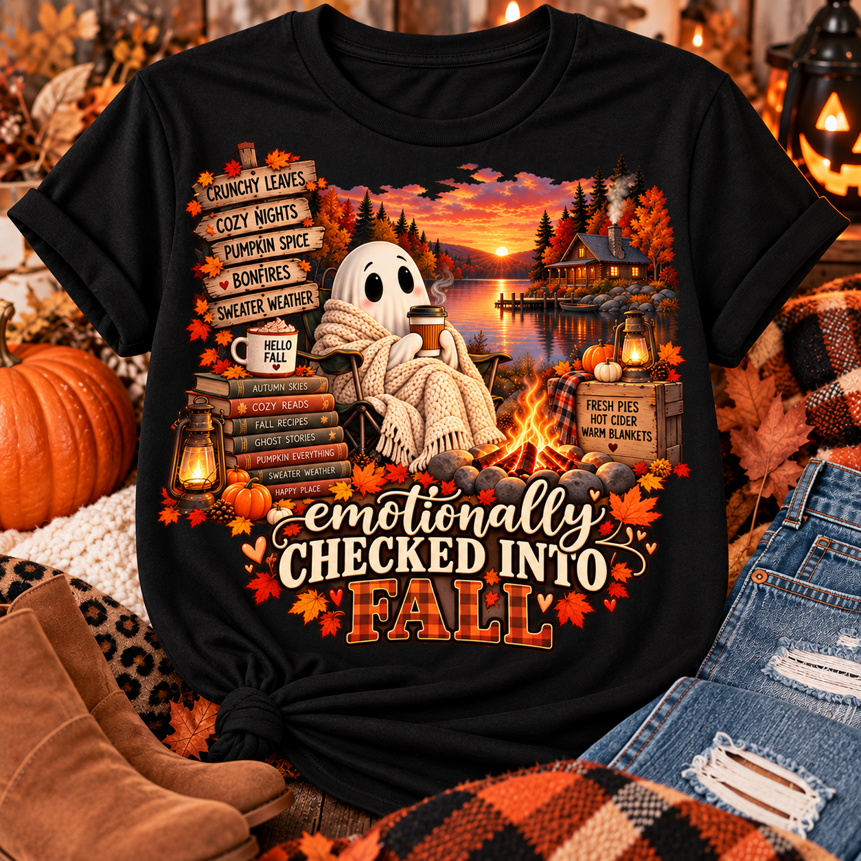 Emotionally Checked Into Fall T-Shirt | Cozy Ghost Autumn Graphic Tee
