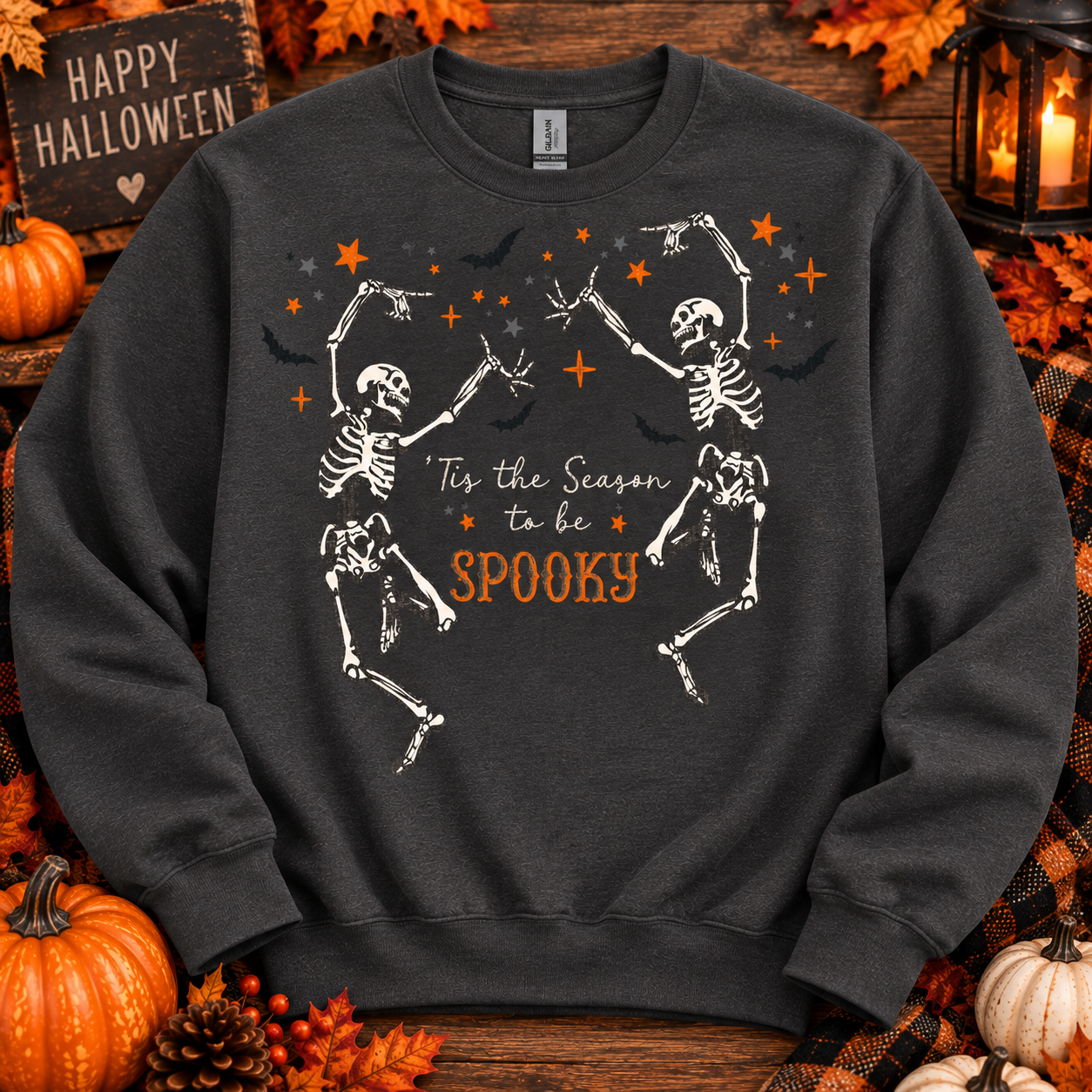 ’Tis the Season to Be Spooky Crewneck Sweatshirt – Dancing Skeleton Halloween Sweatshirt