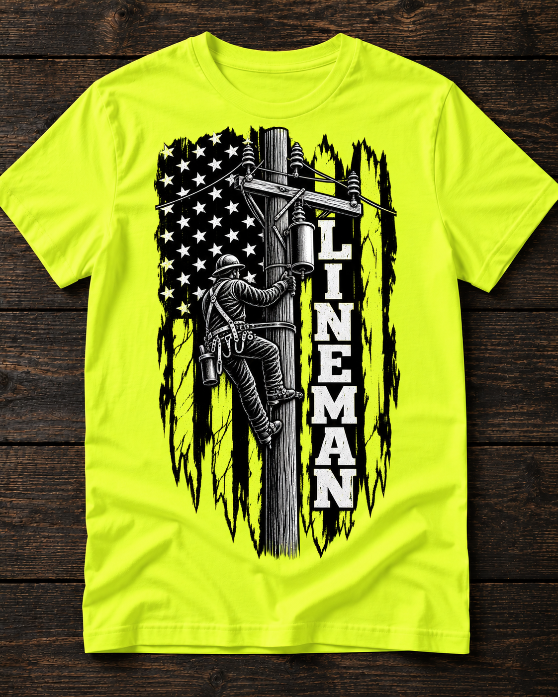 American Flag Lineman Men’s T-Shirt – Patriotic Power Lineman Graphic Tee