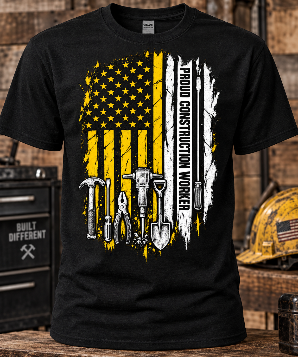 Proud Construction Worker Men’s T-Shirt – American Flag Construction Graphic Tee