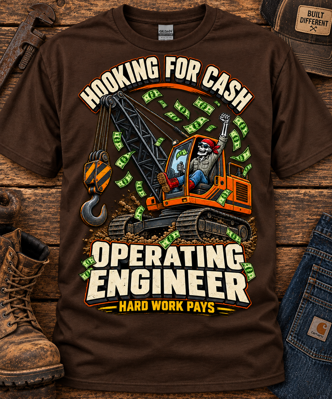 Hooking for Cash Operating Engineer T-Shirt – Funny Heavy Equipment Operator Graphic Tee