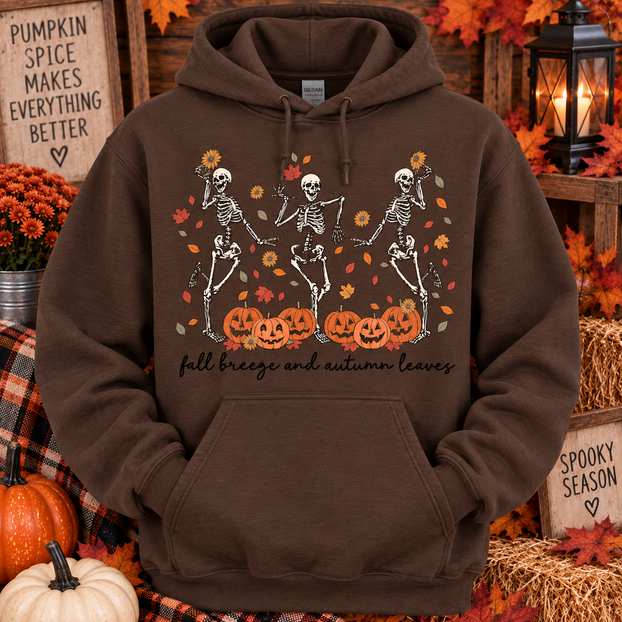 Fall Breeze and Autumn Leaves Hoodie – Dancing Skeletons Halloween Pullover