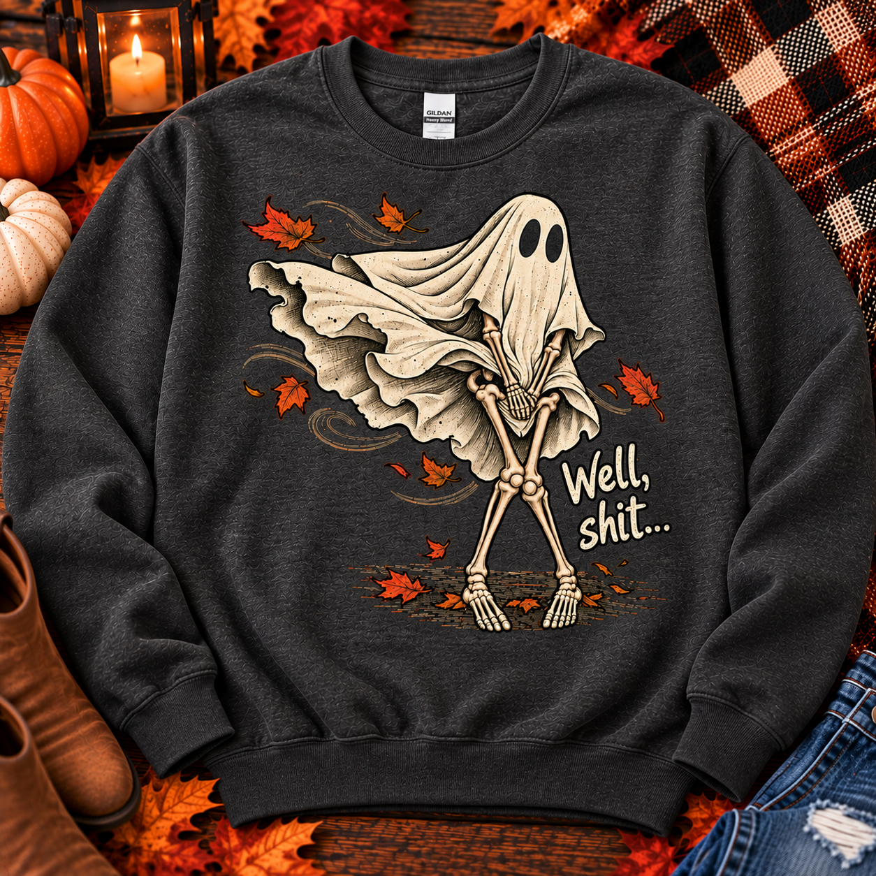 Well Shit Ghost Crewneck Sweatshirt – Funny Skeleton Ghost Halloween Sweatshirt