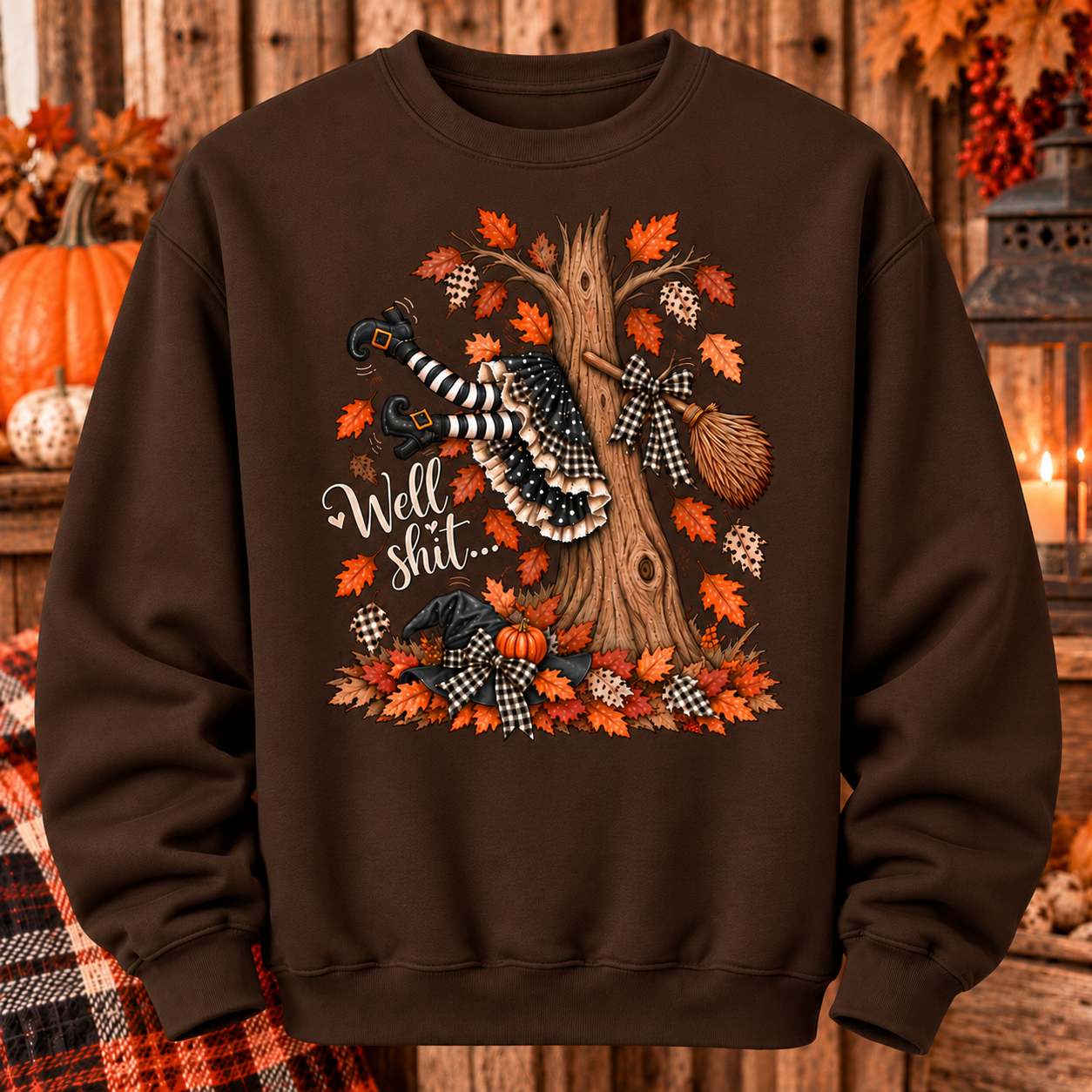 Well Shit Witch Crewneck Sweatshirt – Funny Witch Crash Halloween Sweatshirt