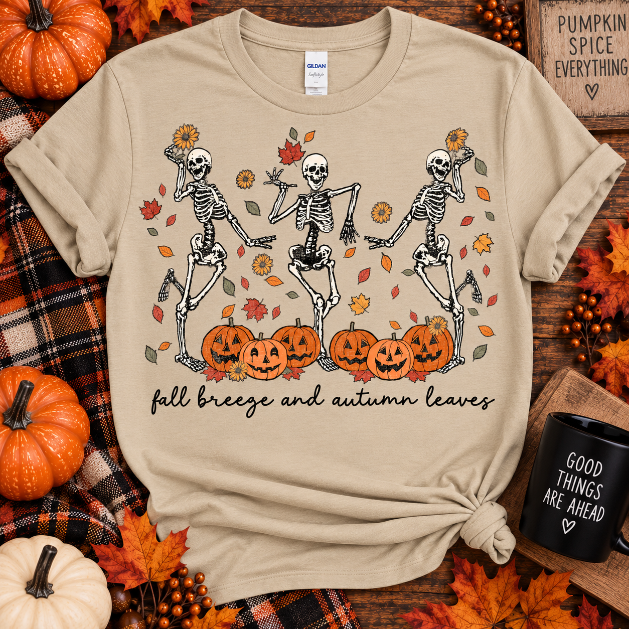 Fall Breeze and Autumn Leaves T-Shirt – Dancing Skeletons Halloween Fall Tee