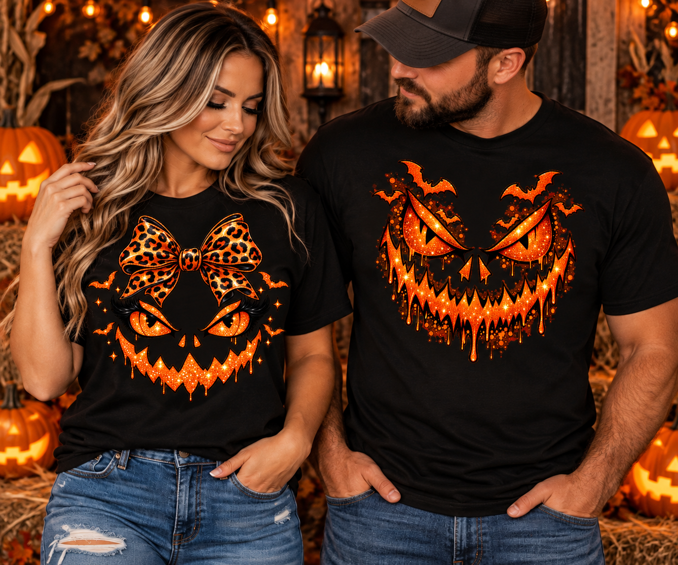 Matching Halloween Pumpkin Face T-Shirt Set | His & Hers Spooky Jack-O'-Lantern Couple Shirts