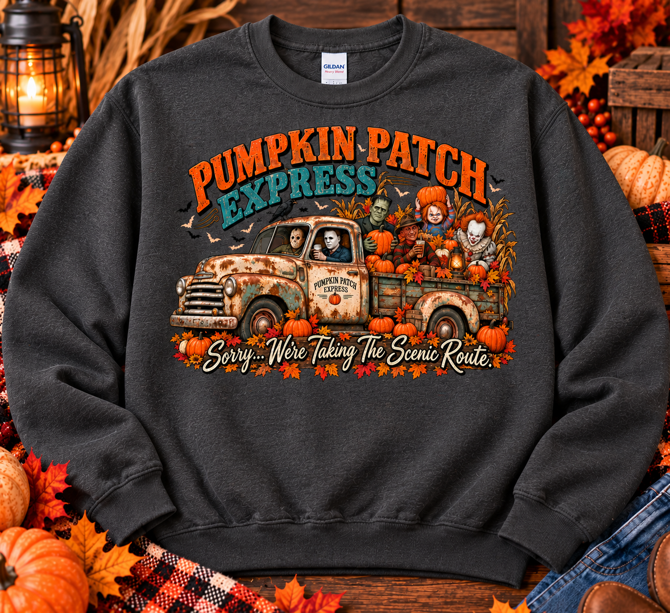 Pumpkin Patch Express Halloween Crewneck Sweatshirt – Horror Characters Scenic Route Sweatshirt