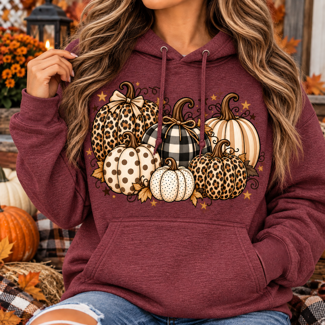 Fall Pumpkin Pullover Hoodie | Leopard & Buffalo Plaid Autumn Sweatshirt