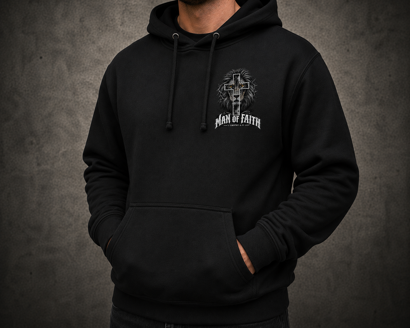 Man of Faith Christian Men’s Hoodie – Lion Cross 1 Timothy 6:11 Hoodie