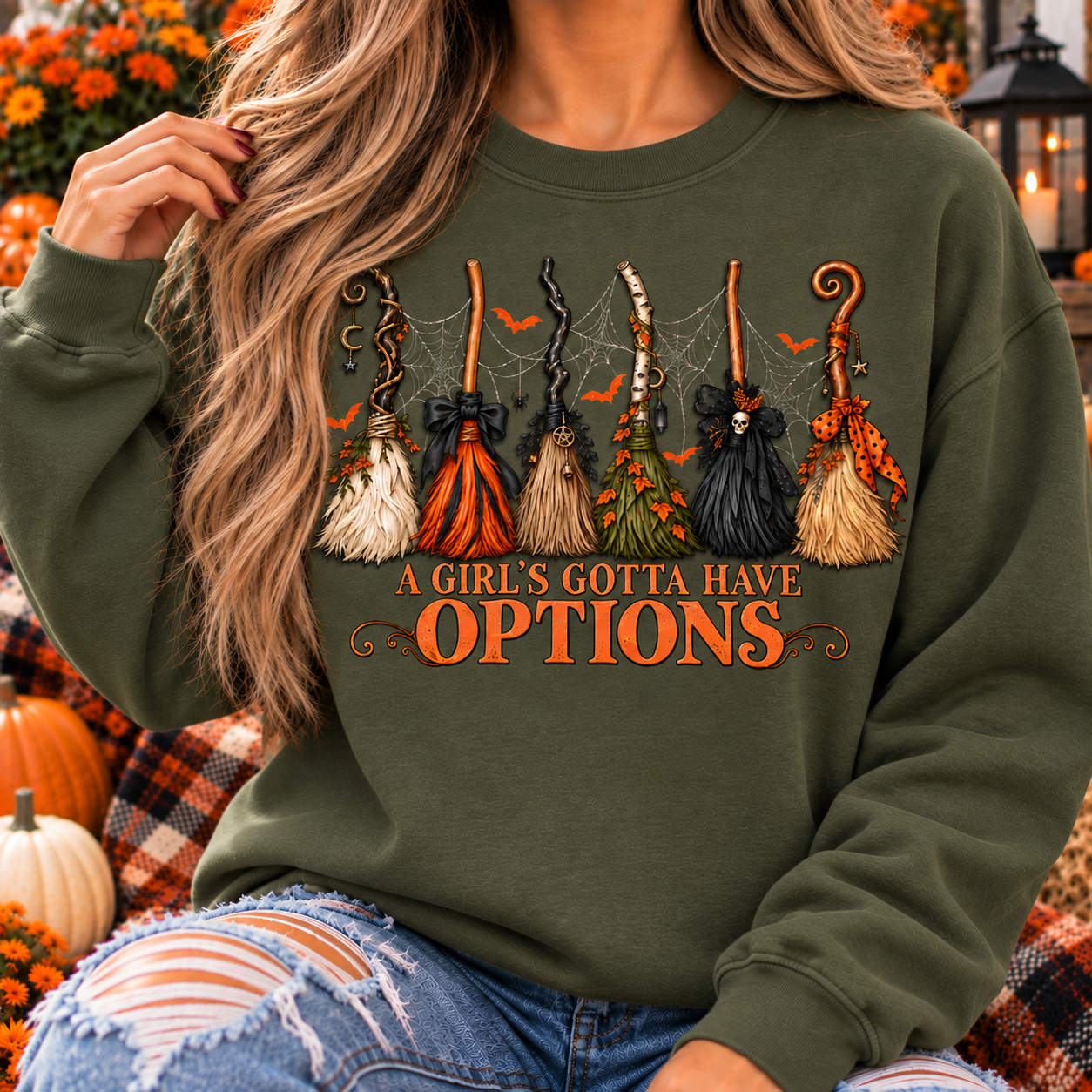 A Girl’s Gotta Have Options Crewneck Sweatshirt | Witch Broom Halloween Sweatshirt