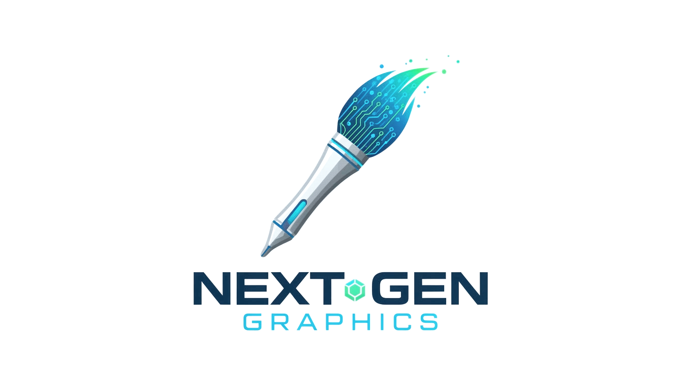 A futuristic pen with digital circuit patterns on the nib, above the text 'Next Gen Graphics' with 'Next' in bold, 'Gen' with a hexagon icon, and 'Graphics' in light blue.