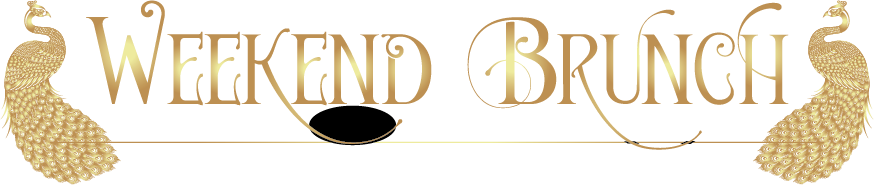 Decorative banner with the text 'Weekend Brunch' and gold peacock illustrations on both sides.