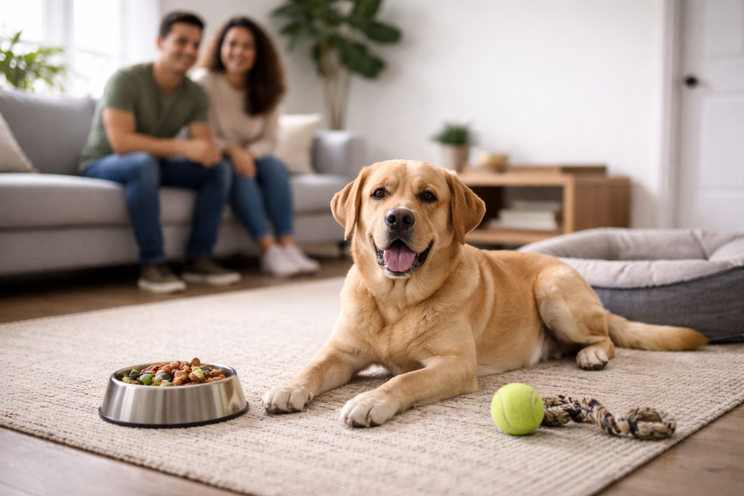 Perro descansando en casa con su comida y juguetes como parte de un programa de bienestar integral canino en Tijuana