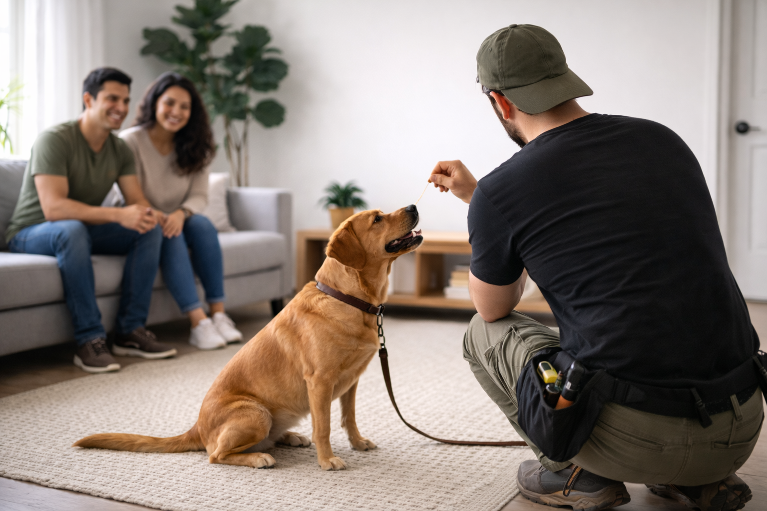 Educador canino realizando intervención de modificación de conducta con un perro en sesión estructurada