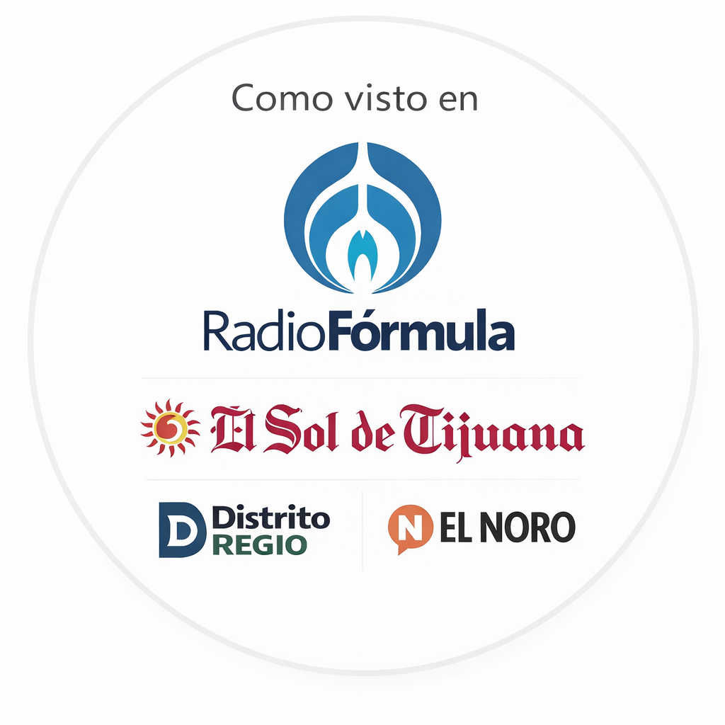 Logos de Radio Fórmula, El Sol de Tijuana, Distrito Regio y El Noro mostrando la presencia en medios de Pedro Silva, educador canino de Kupernico Psicología Canina en Tijuana