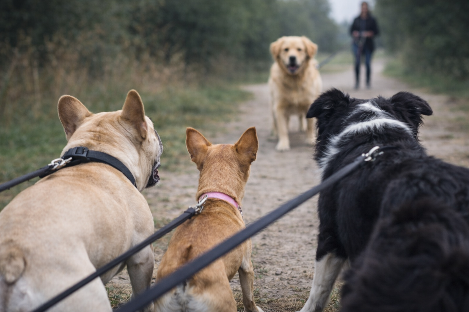 Perros con reactividad canina en Tijuana reaccionando con tensión hacia otro perro como estímulo durante un paseo con correa.