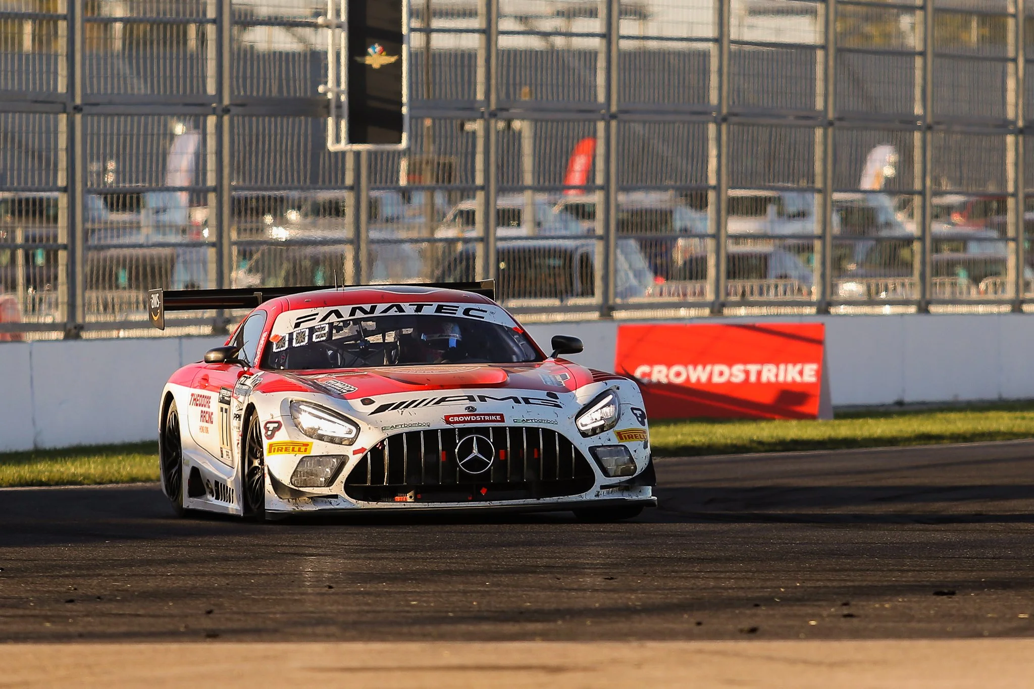Mercedes AMG GT3 enters a turn on the road course at Indianapolis Motor Speedway during the GTWC Indy 8hr endurance race