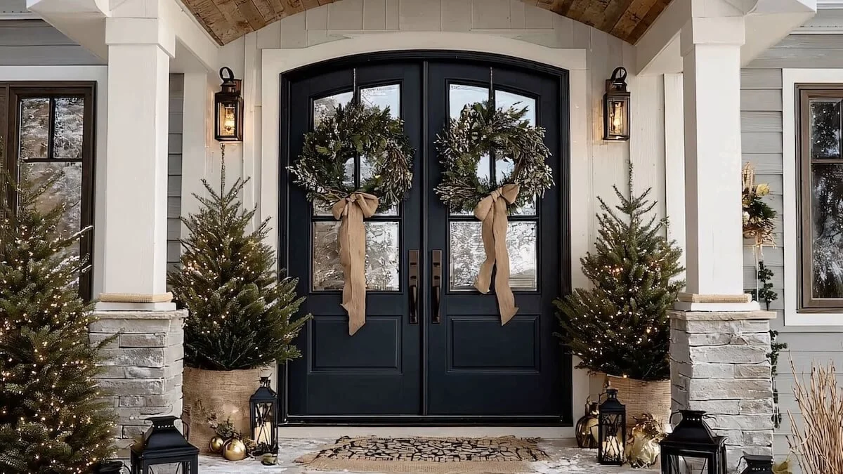 Wonderful Wednesday Blog Hop Favorites (Holiday decorated front door & porch with trees, white lights & wreaths with gold ribbons)