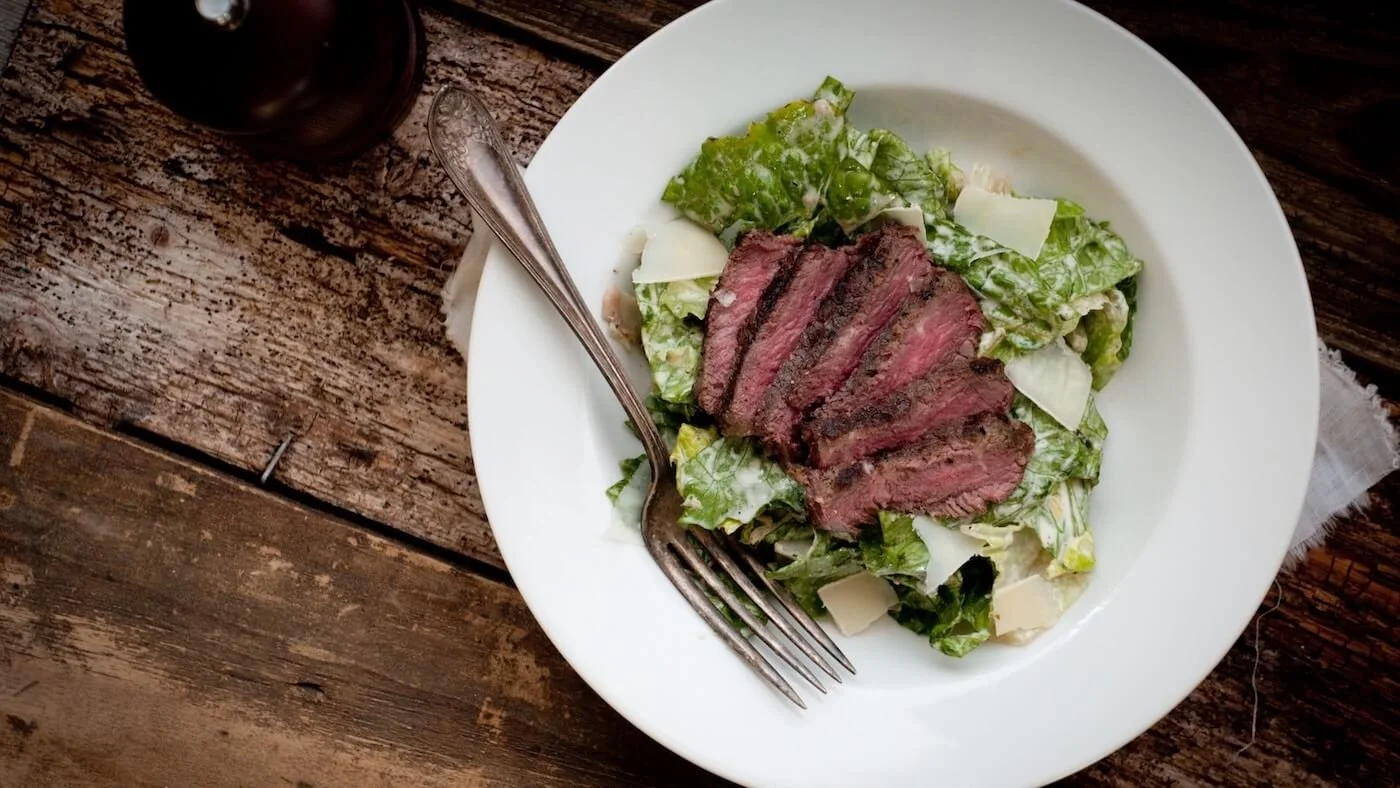 Wonderful Wednesday Blog Hop (Steak salad on white plate with fork on wooden table)