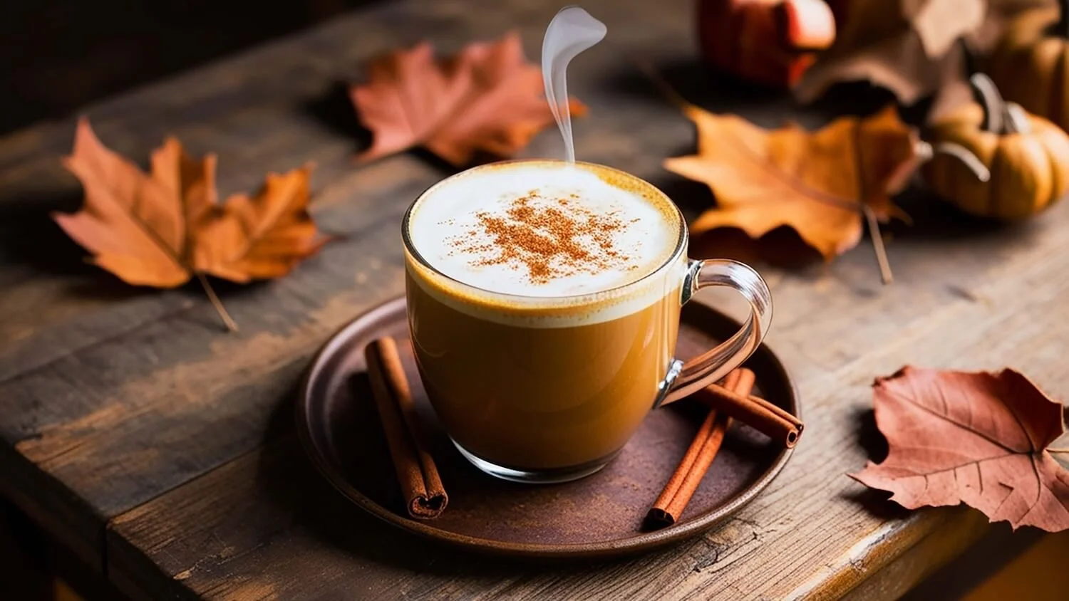 2026 Simple Home Favorites (Pumpkin spice latte with cinnamon sticks on wooden table covered in fall leaves)