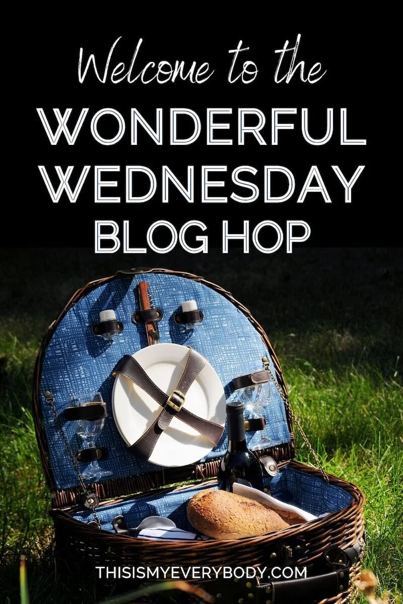 Welcome to the Wonderful Wednesday Blog Hop (Open fall picnic basket with plates & bread in grass on black background)