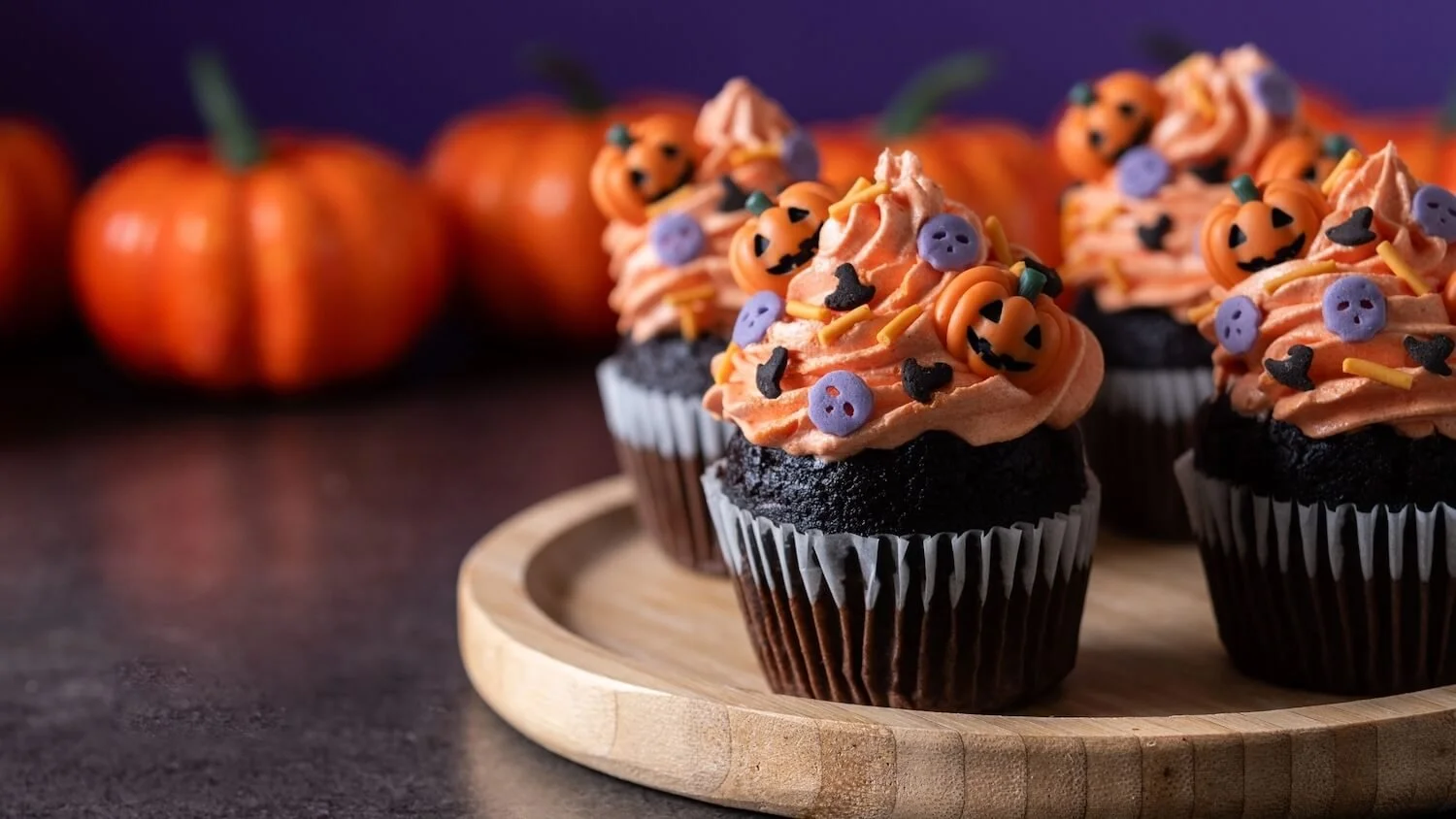 2026 Simple Home Favorites (Halloween theme cupcakes on wooden tray with pumpkins)