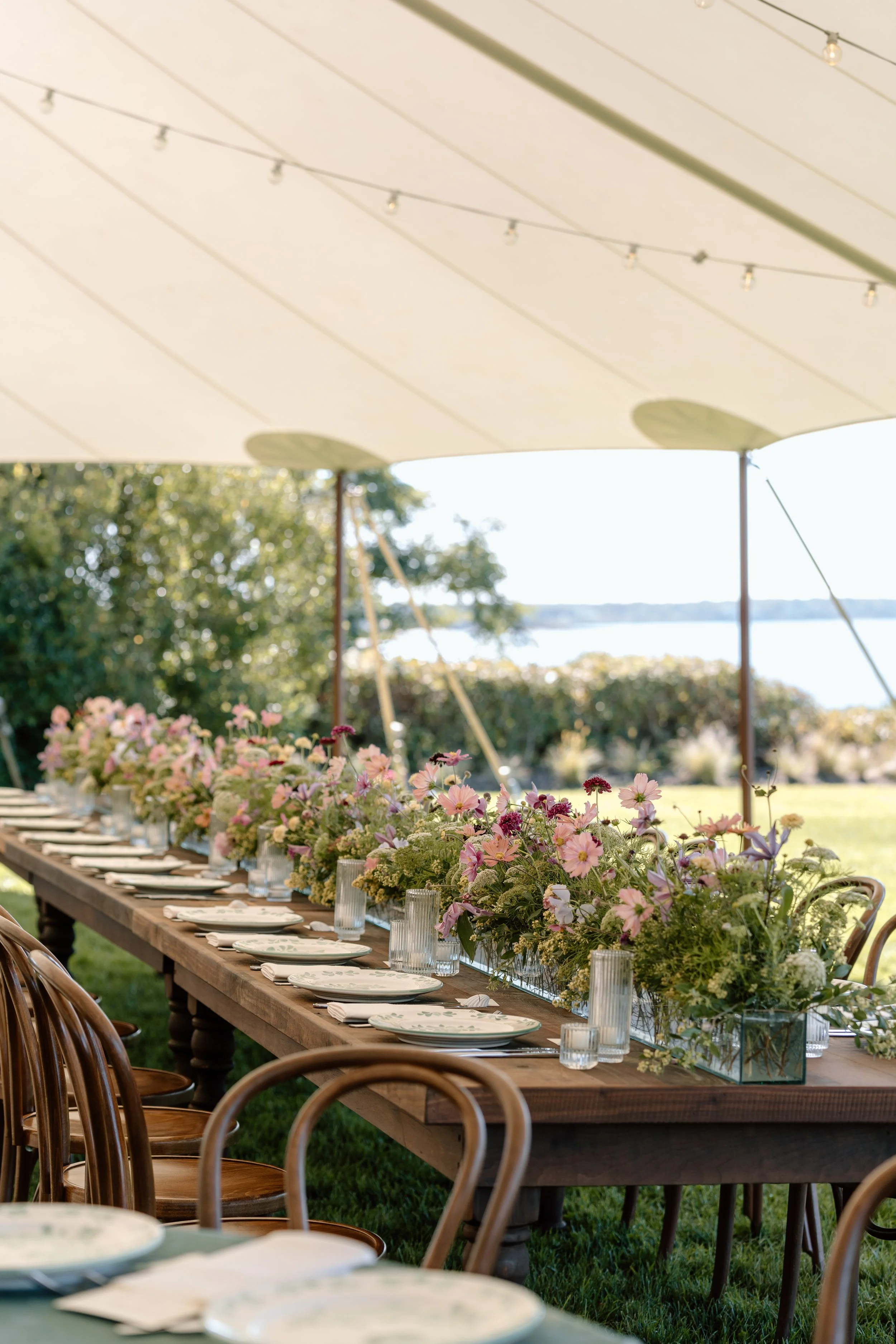 A long outdoor dining table decorated with flowers and tableware under a canopy near a body of water.