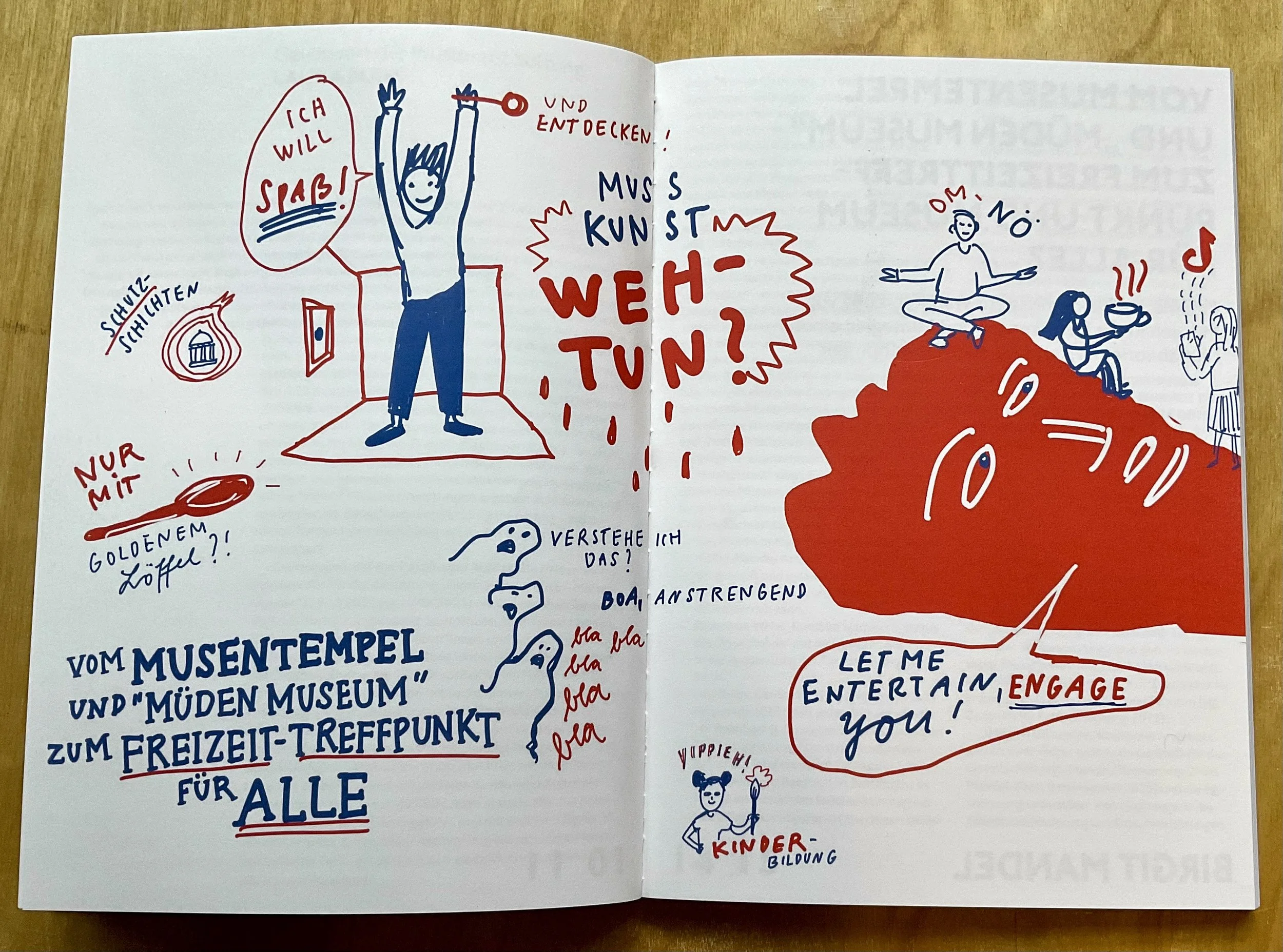 Handgezeichnete Illustration mit verschiedenen Zeichnungen und Texten. Ein Mann steht in einer Türöffnung mit erhobenen Armen, daneben der Satz "Ich will Spaß!". Links unten steht "Vom Musentempel und ‚müden Museum‘ zum Freizeit-Treffpunkt für alle". Weitere Texte und Zeichnungen wie "Nur mit goldenem Löffel?!", "Muss Kunst weh tun?", und "Let me entertain engage you!". Personen in verschiedenen Aktivitäten, ein Kopf und stilisierte Figuren sind ebenfalls abgebildet.