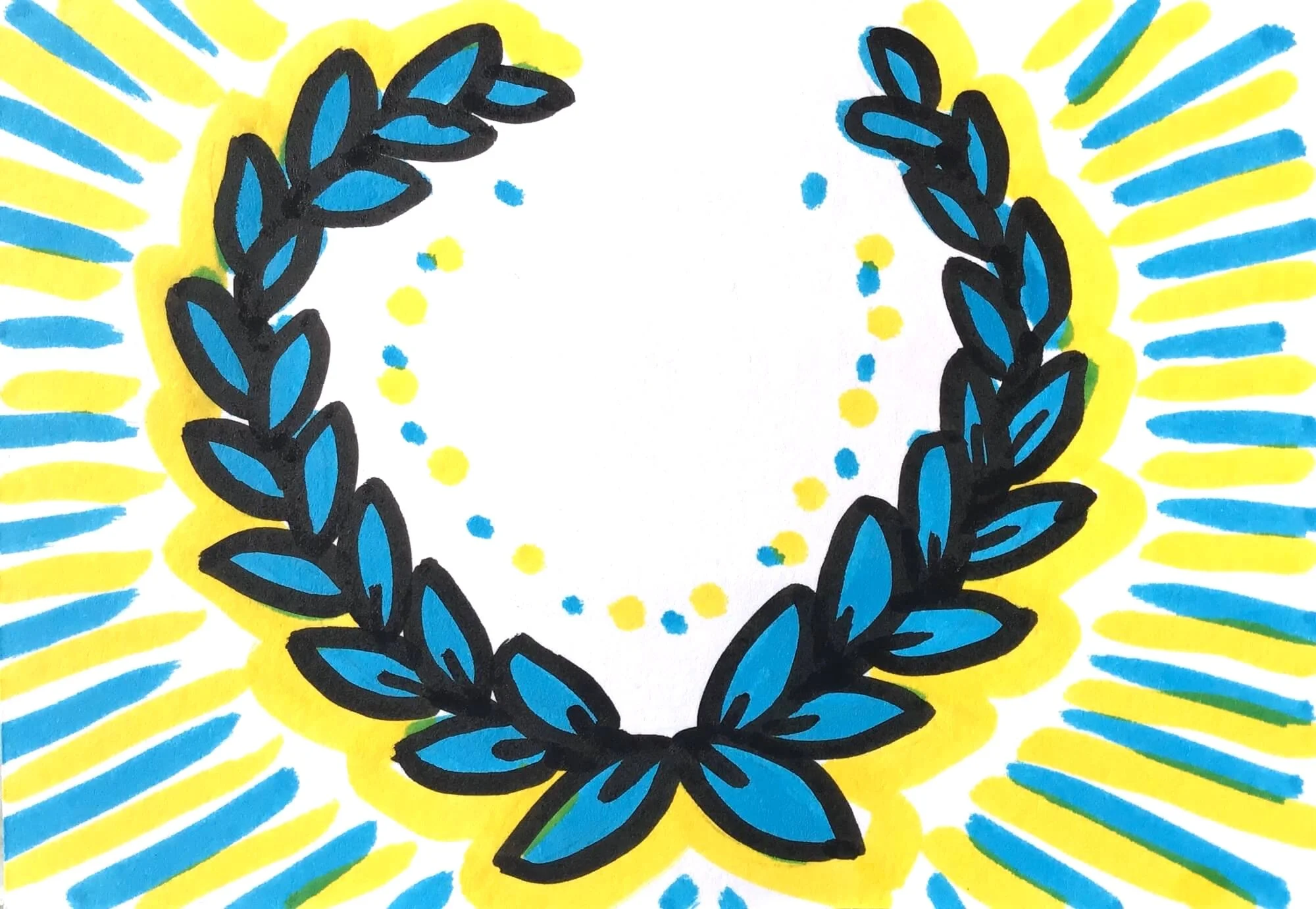 Grafik eines blau-schwarz-blättrigen Lorbeerkranzes mit Strahlen auf weißem Hintergrund.