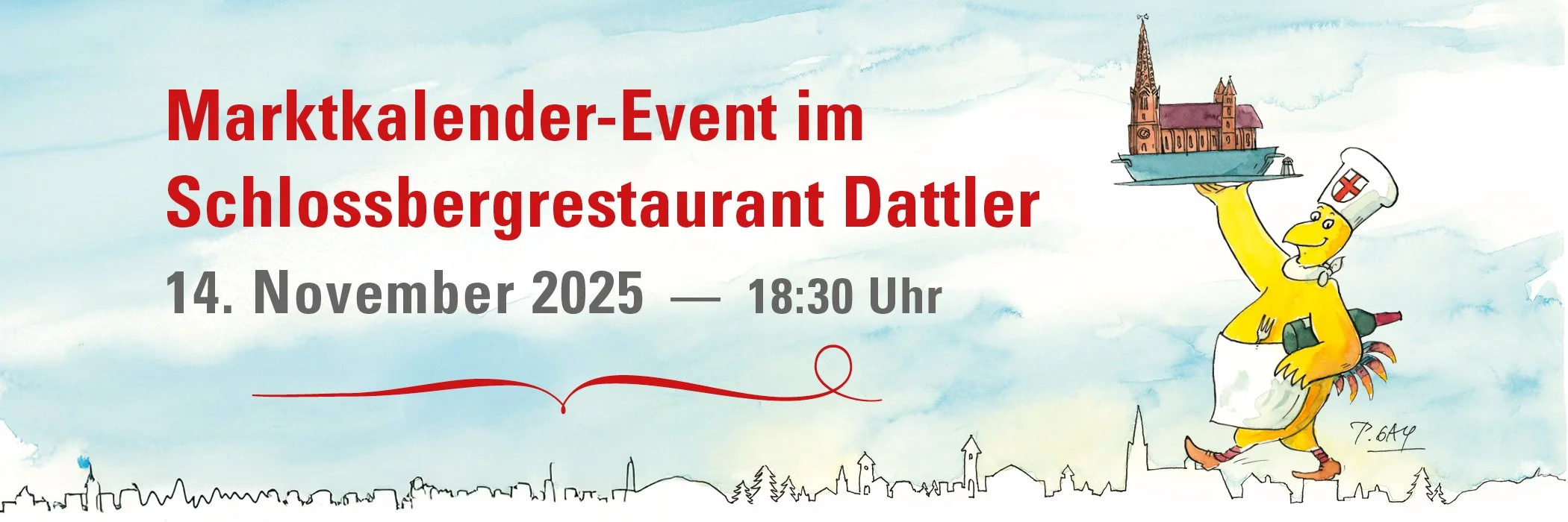 Cartoon, Huhn mit Münster auf Servierplatte, Text mit Daten zum Event