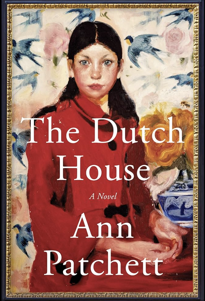 Book cover of The Dutch House by Ann Patchett featuring a young girl with jet black hair, piercing blue eyes and a red jacket