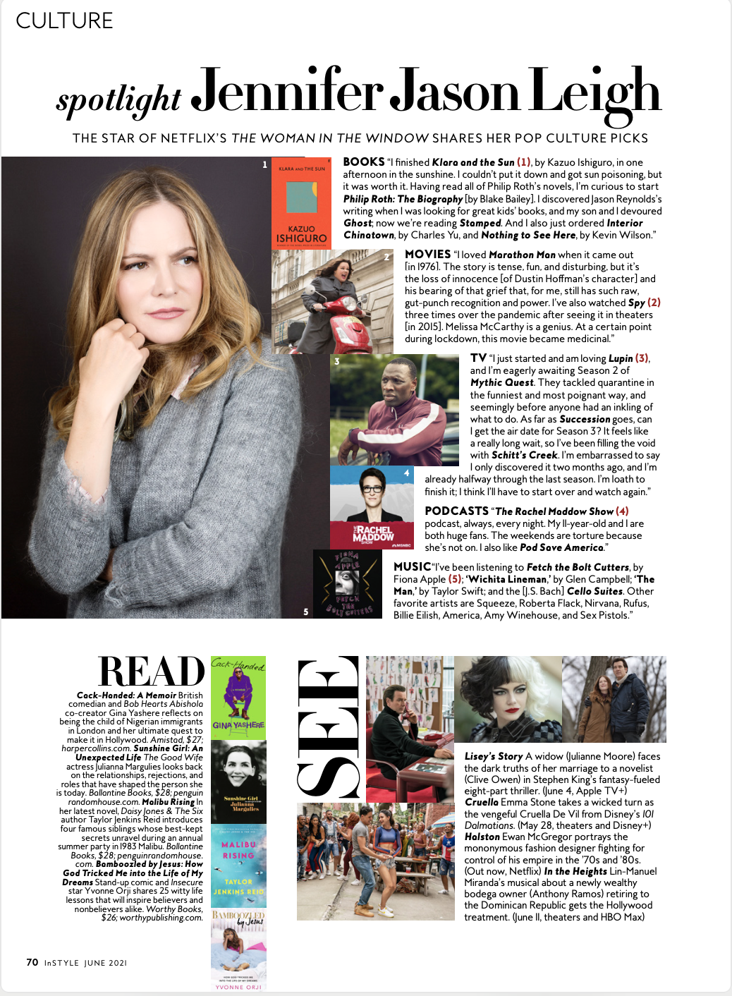 InStyle's June 2021 culture page featuring Jennifer Jason Leigh