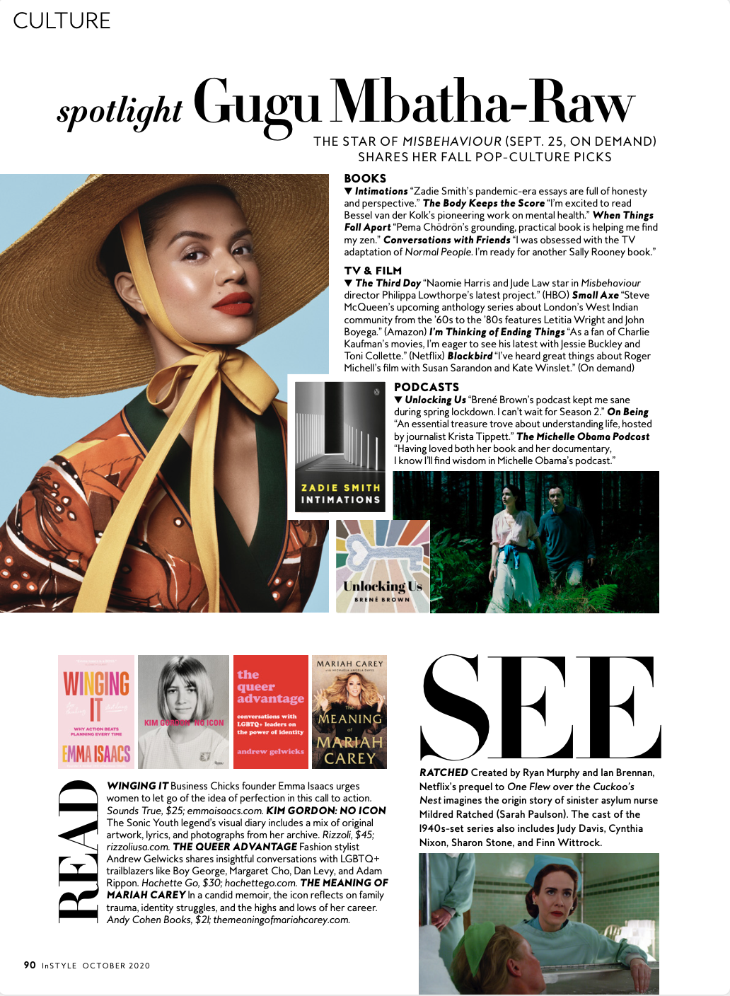 InStyle's October 2020 culture page featuring Gugu Mbatha-Raw