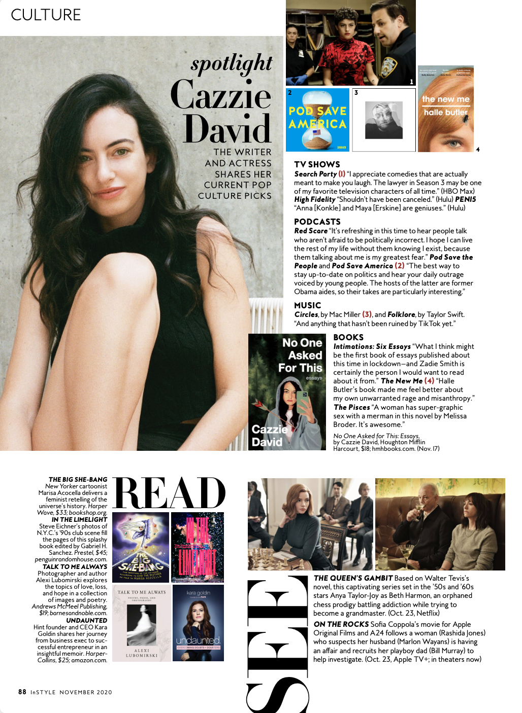 InStyle's November 2020 culture page featuring Cazzie David
