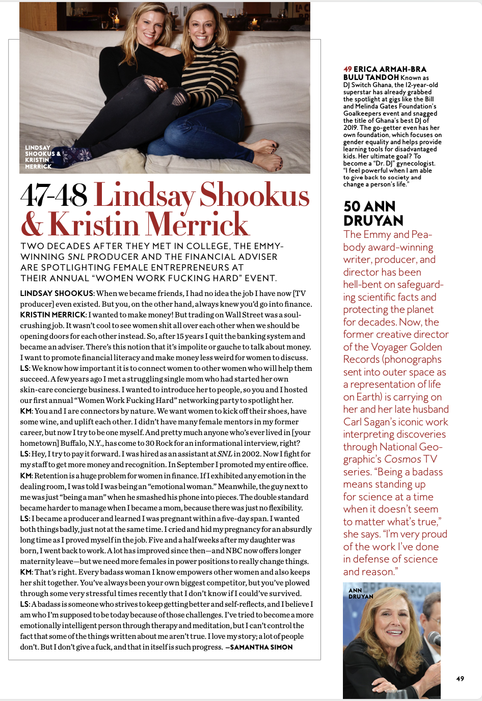 For InStyle's 2020 Badass 50, Emmy-winning SNL producer Lindsay Shookus and financial advisor Kristin Merrick discuss spotlighting female entrepreneurship at their annual "Women Work Fucking Hard" event