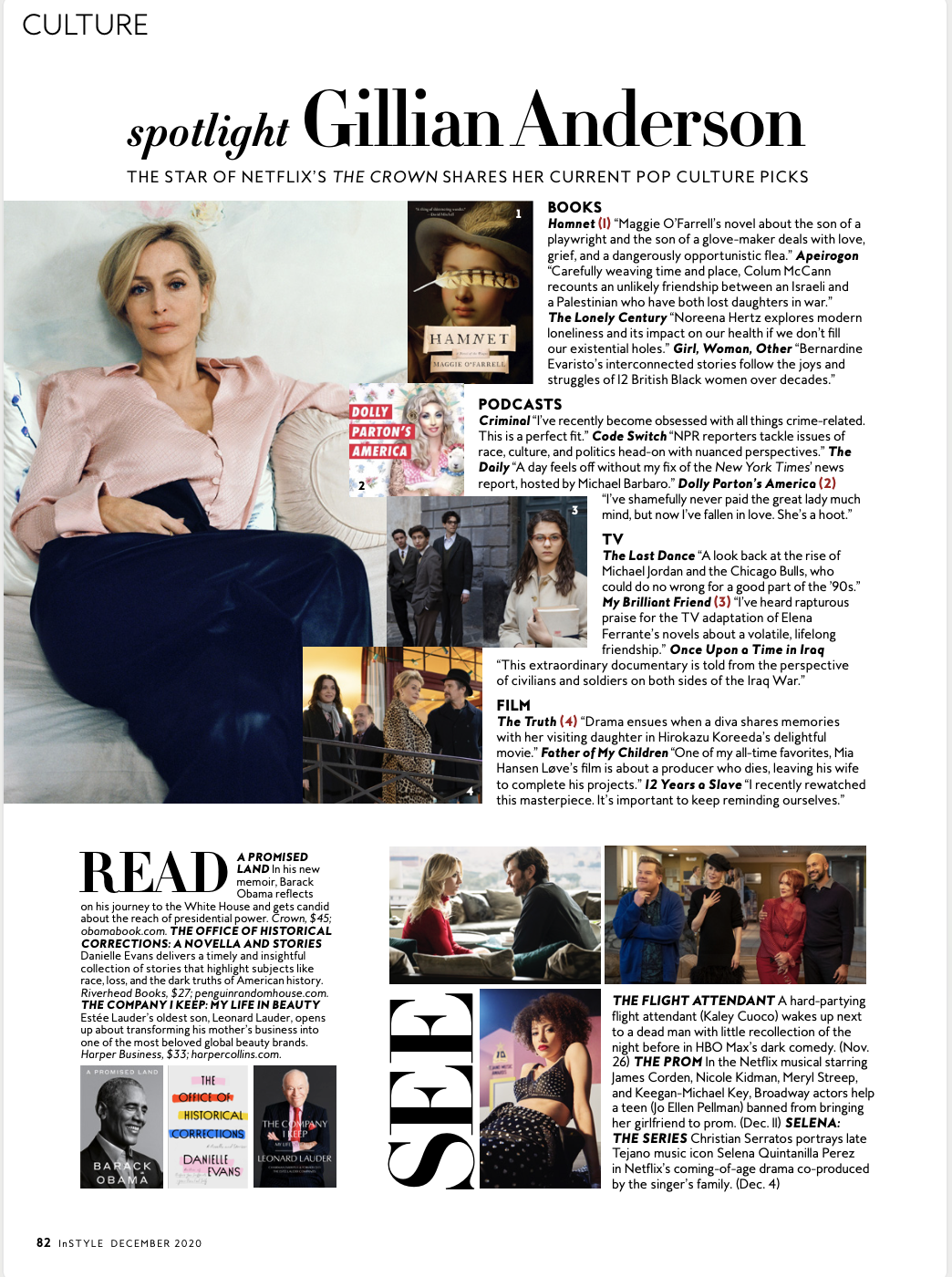 InStyle's December 2020 culture page featuring Gillian Anderson