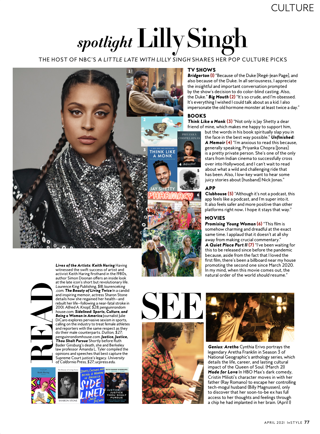 InStyle's April 2021 culture page featuring Lilly Singh