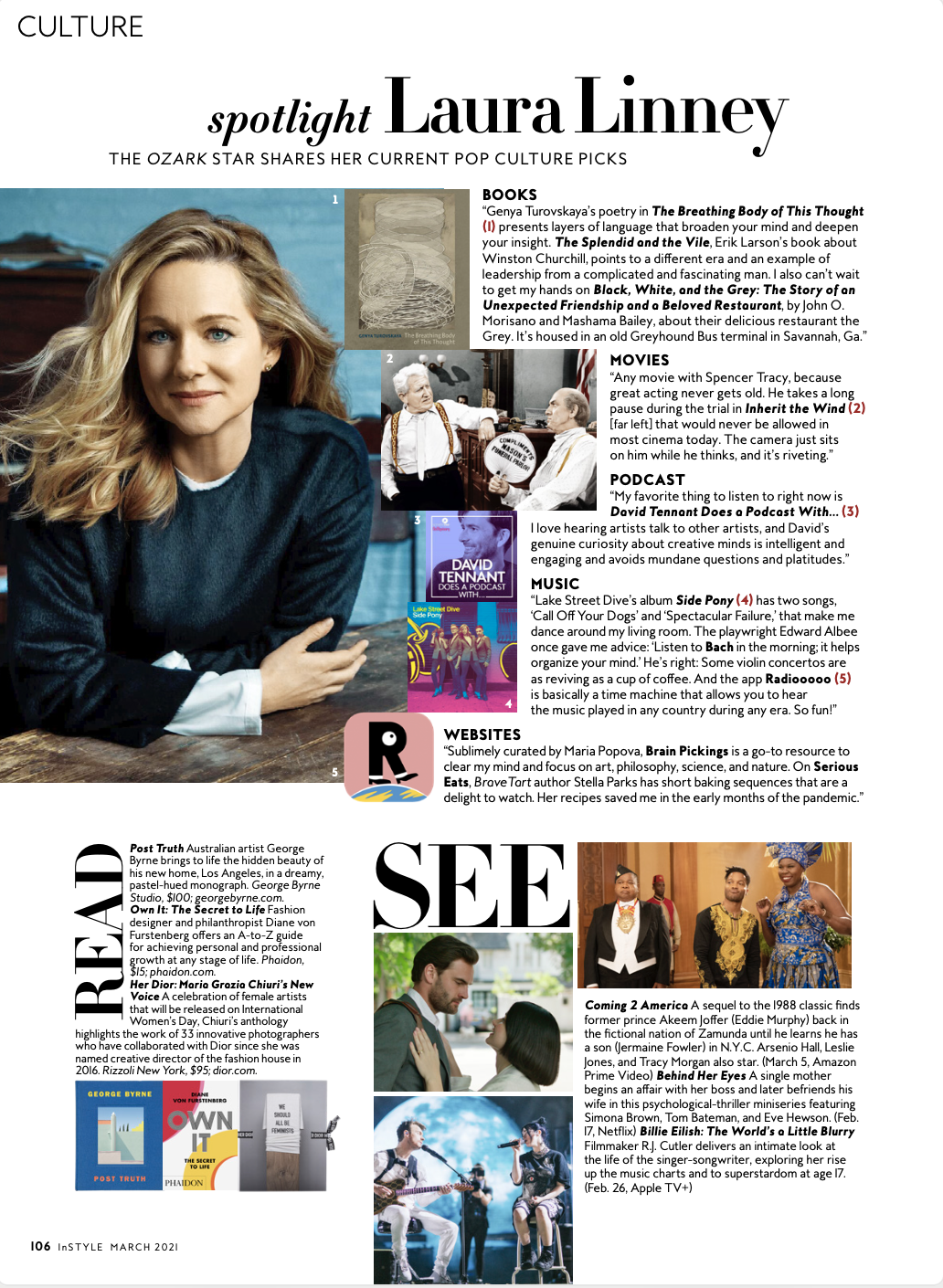 InStyle's March 2021 culture page featuring Laura Linney
