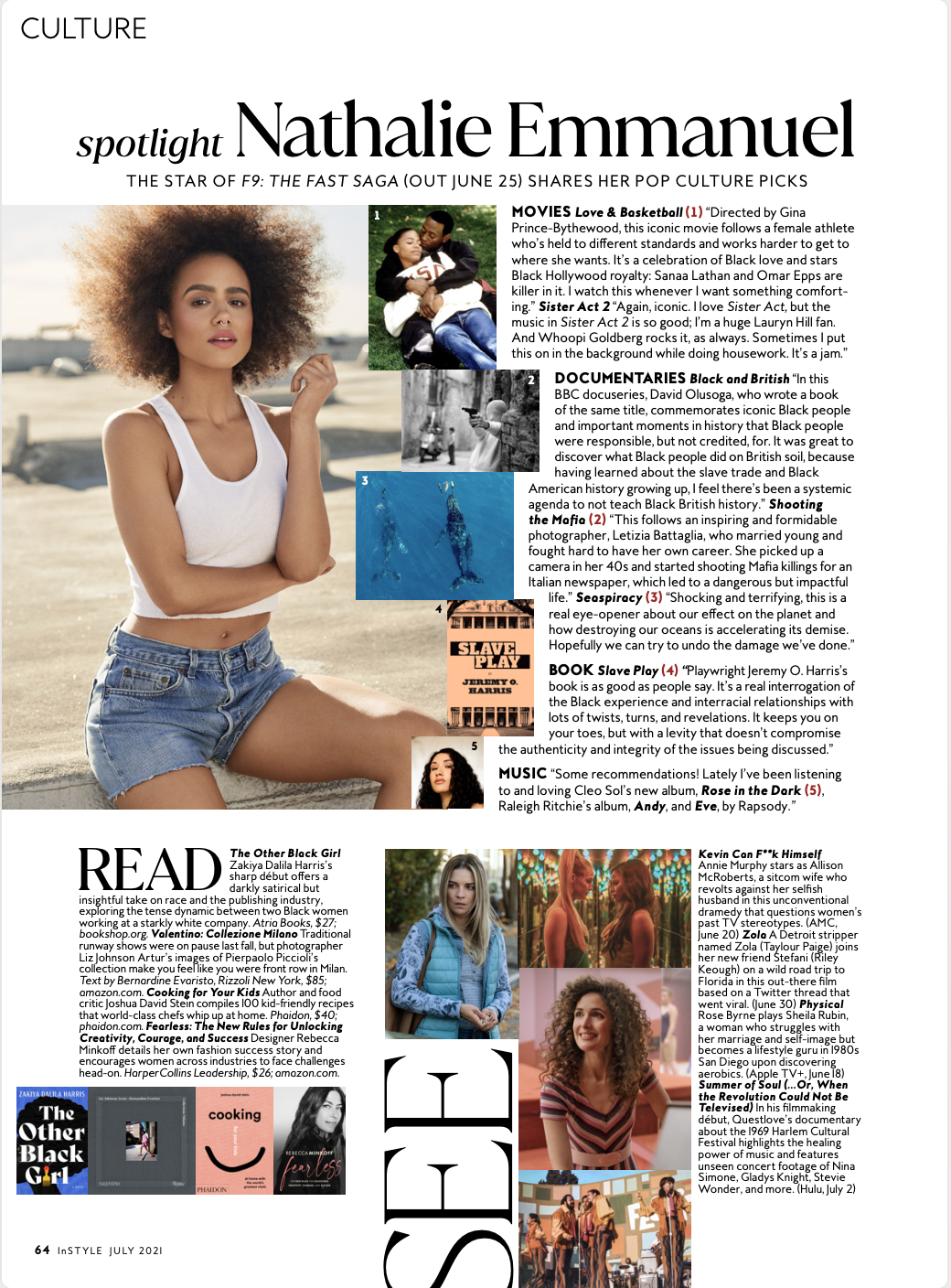 InStyle's July 2021 culture page featuring Nathalie Emmanuel