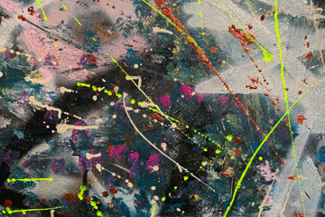 Abstract painting with splashes of neon colors and dark background