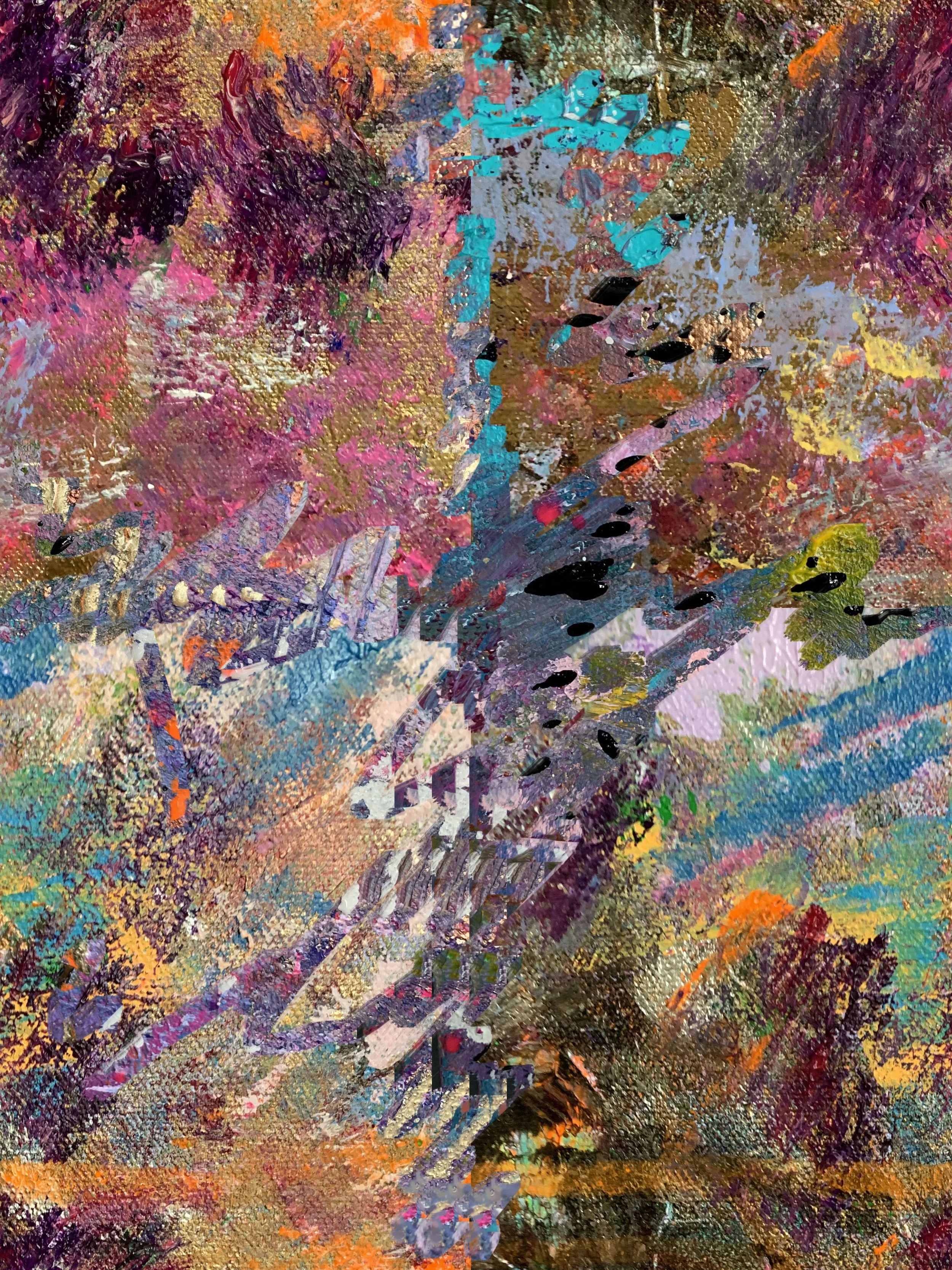 Abstract painting with colorful brush strokes in purple, blue, orange, and green hues.