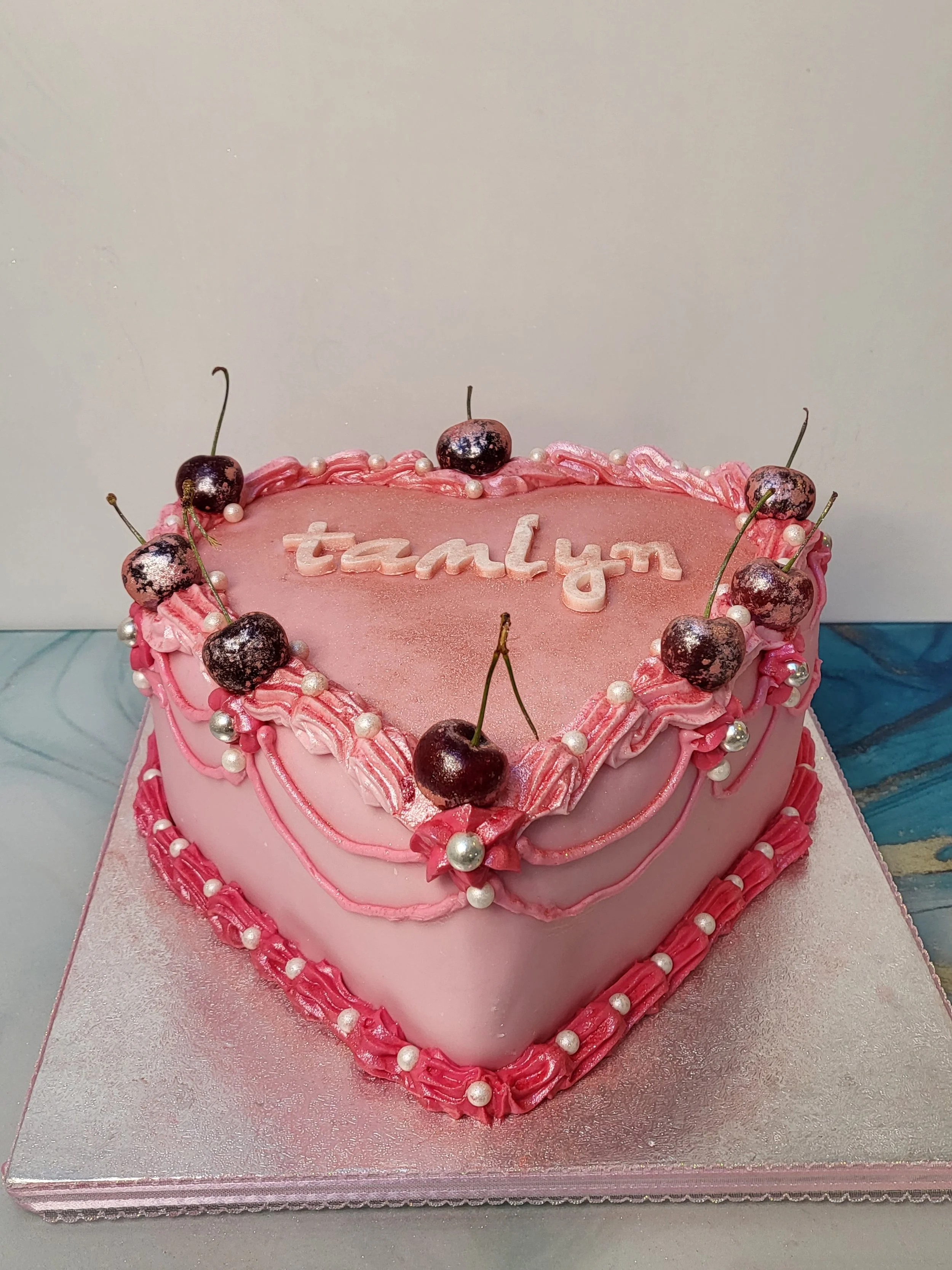 Pink and cherries heart cake