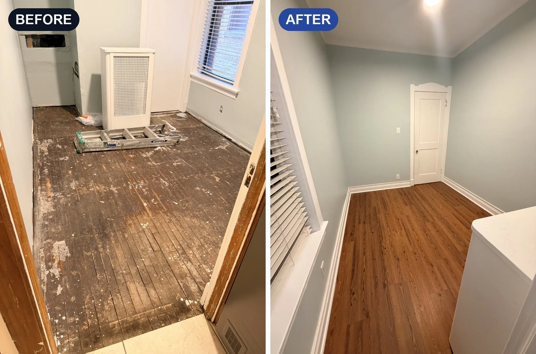 Room refresh: new flooring, baseboards and paint (before and after)